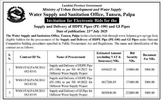 Invitation For Electronic Bids For Supply And Delivery Of Hdpe Pipes (Pe-100) And Gi Pipes For Various Water Supply Projects
