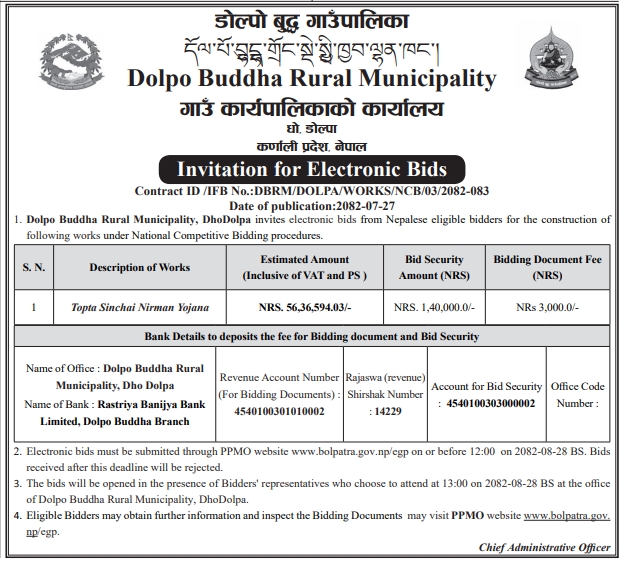 Invitation For Bid For Construction Of Topta Sinchai Nirman Yojana, Dolpo Buddha Rural Municipality, Dolpa