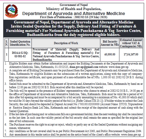 Invitation For Sealed Quotation For the Supply, Delivery And Fitting of Furniture & Furnishing material's For National Ayurveda Panchakarma & Yog Service Centre