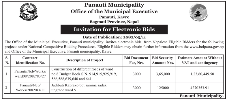Invitation For Bid For Construction Of Different Roads In Panauti Municipality