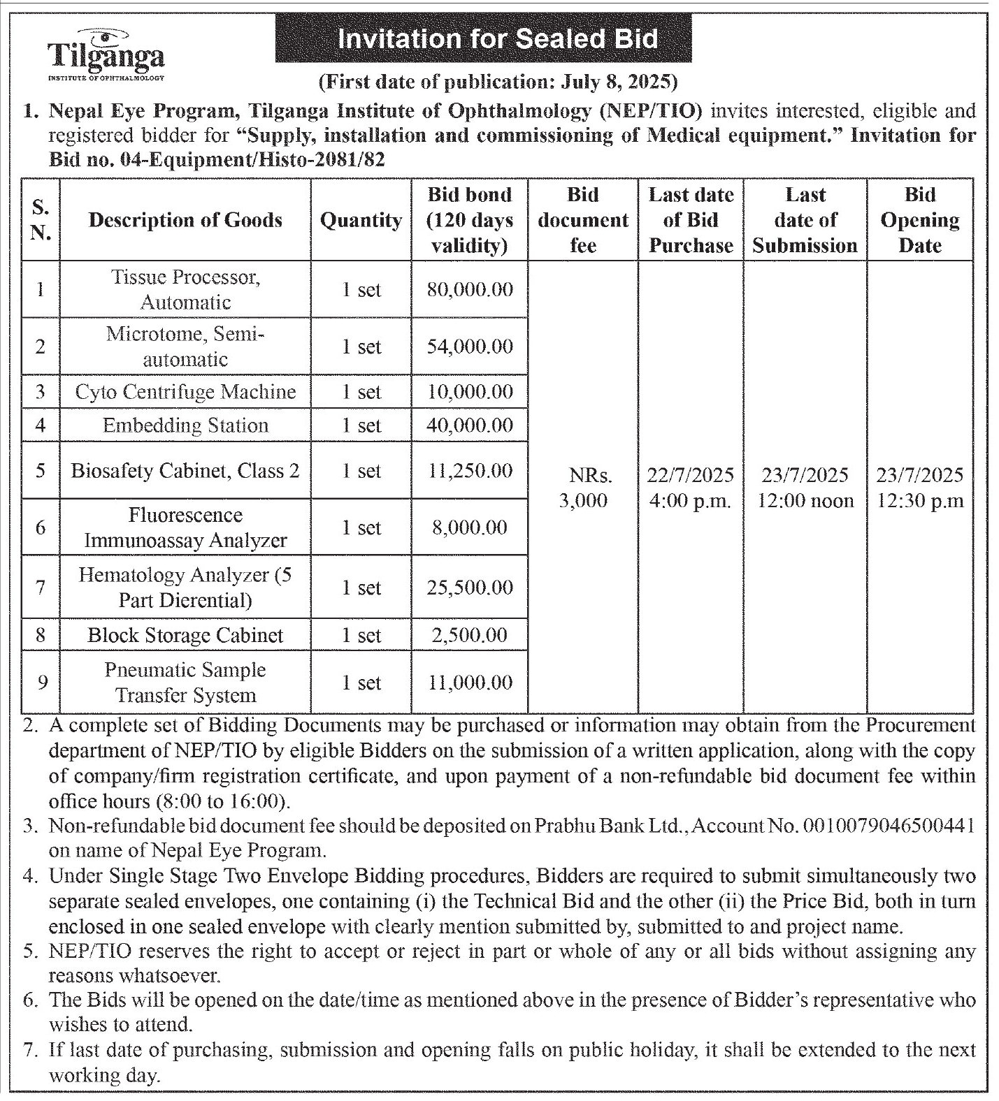 Invitation For Bids For Medical Equipment Supply And Installation At Tilganga Institute Of Ophthalmology