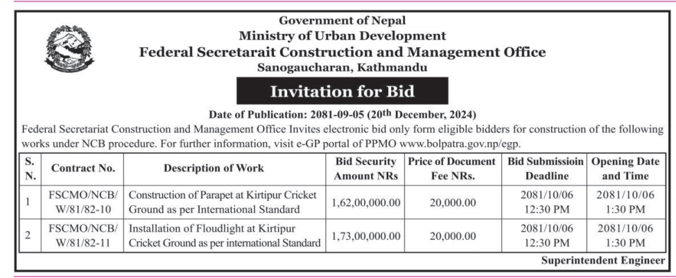 Invitation for Bid for Construction and Parapet and Installation of Floudlight at Kirtipur Cricket Ground