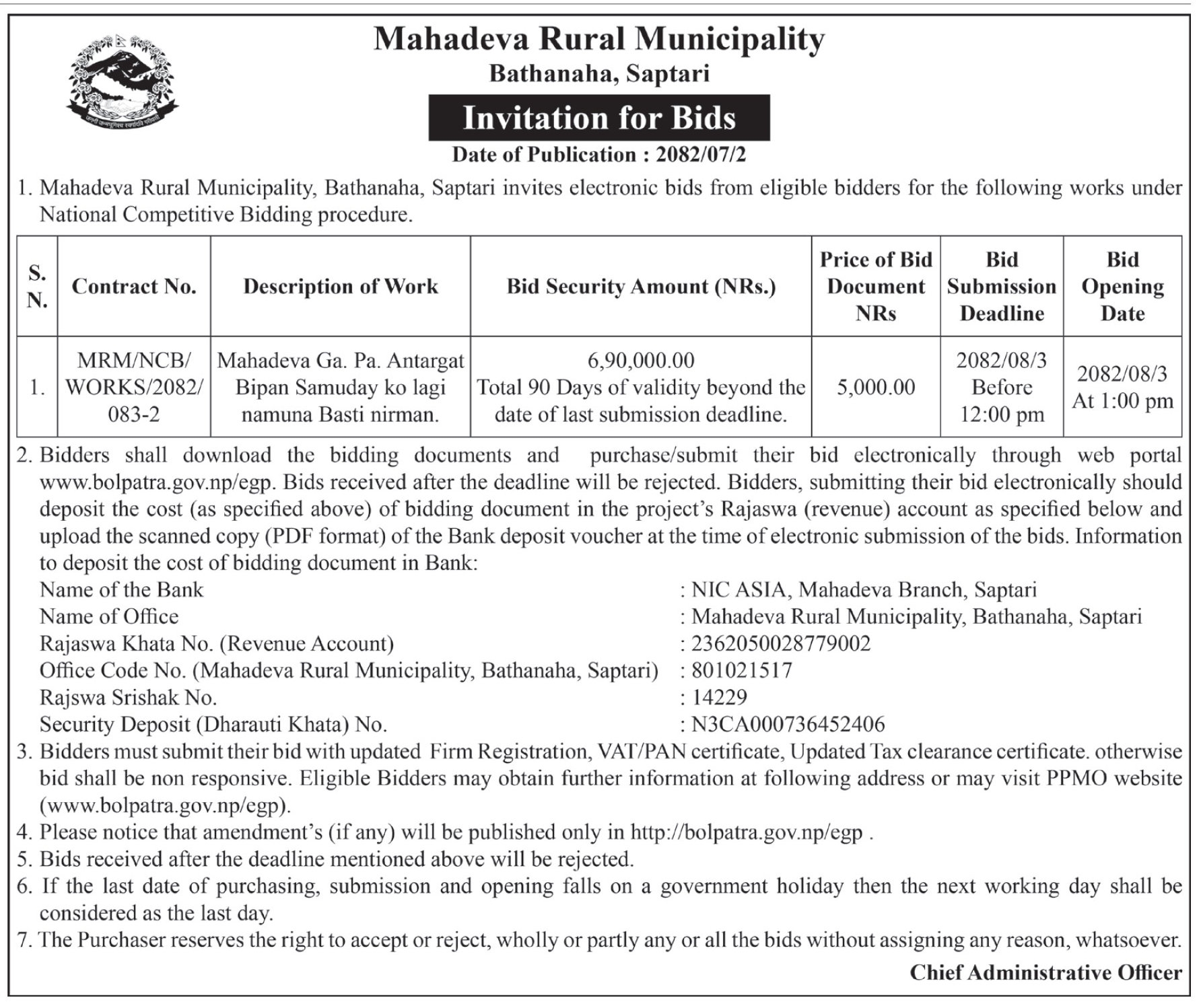 Invitation For Bid For Model Settlement Construction For Marginalized Community Within Mahadeva Rural Municipality