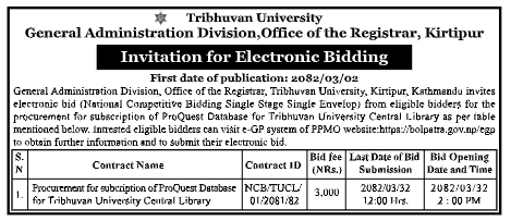Invitation For Electronic Bidding For Procurement Subscription of Proquest Database For Tribhuvan University Central Library