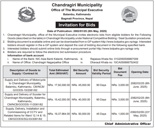 Invitation for Bids for Supply, and Delivery of Motorcycle, Scooter, and Installation of CCTV