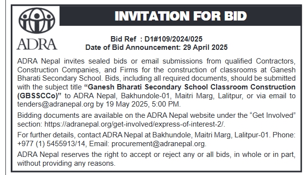 Invitation for Bids for the Construction of Classroom at Ganesh Bharati Secondary School