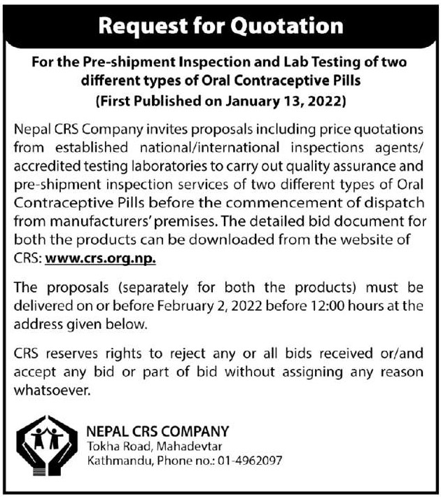 Pre-shipment Inspection and Lab Testing of two different types of Oral Contraceptive Pills