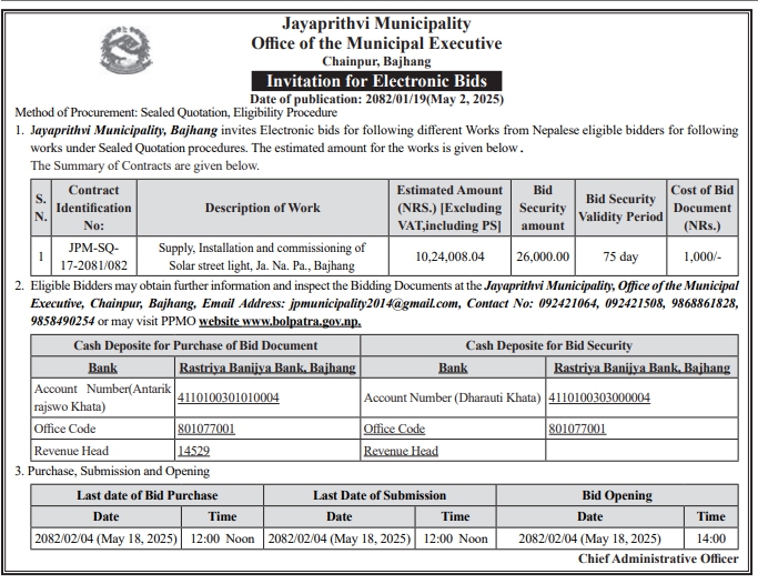 Invitation for Electronic Bids for Supply, Installation And Commissioning Of Solar Street Light, Ja. Na. Pa., Bajhang