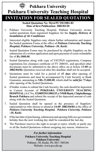 Invitation For Sealed Quotation For Supply, Delivery & Installation Of Air Conditioner