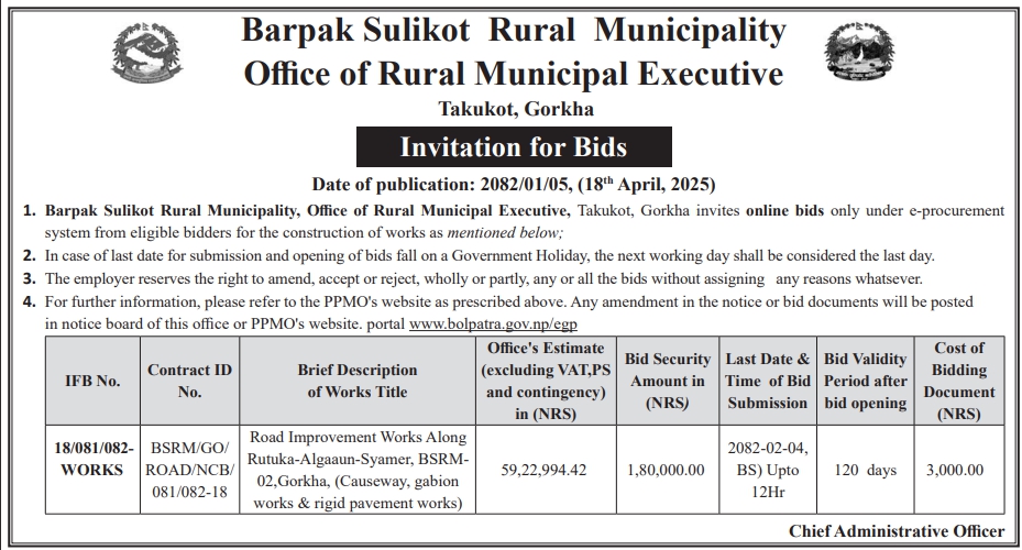 Invitation for Bids for Road Improvement, Gabion and Rigid Pavement Works