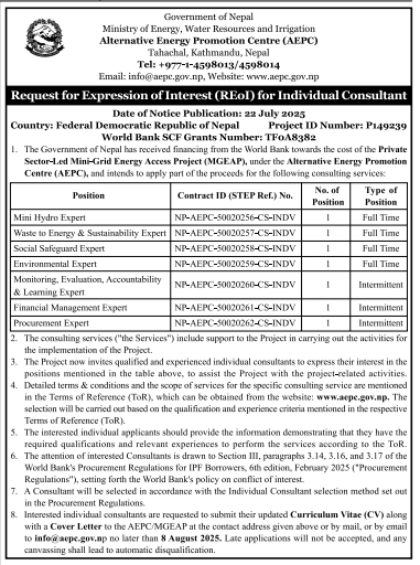 Request For Expression Of Interest (Eoi) For Individual Consultants For Aepc/mgeap Project