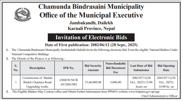 Invitation For Electronic Bids For Construction Of Badala Budeli Chautara Road
