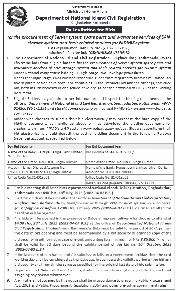 Re-invitation For Bids For Procurement Of Server System Spare Parts And Warranty Services For San Storage System