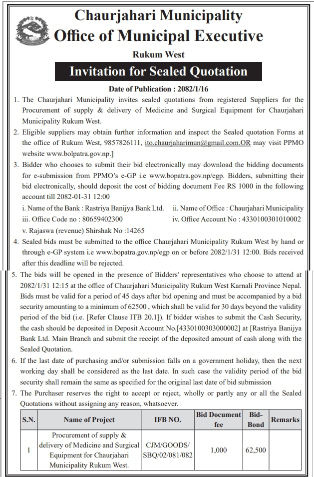 Invitation for Sealed Quotation for the Procurement of Supply & Delivery of Medicine and Surgical Equipment for Chaurjahari Municipality Rukum West