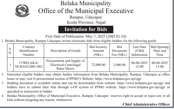 Invitation for Bids for Procurement and Supply of Electrical Centrifugal Water Motor