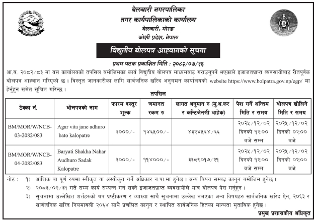 सडक निर्माण कार्यका लागि विद्युतीय बोलपत्र आह्वान – बेलबारी नगरपालिका