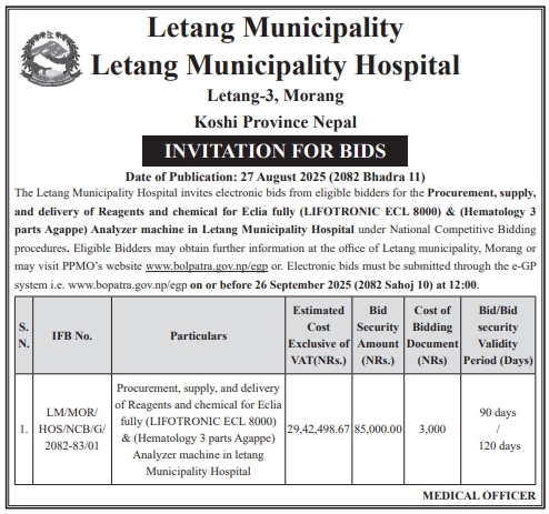 Invitation For Bids For Procurement, Supply, And Delivery Of Reagents And Chemicals For Analyzer Machines At Letang Municipality Hospital