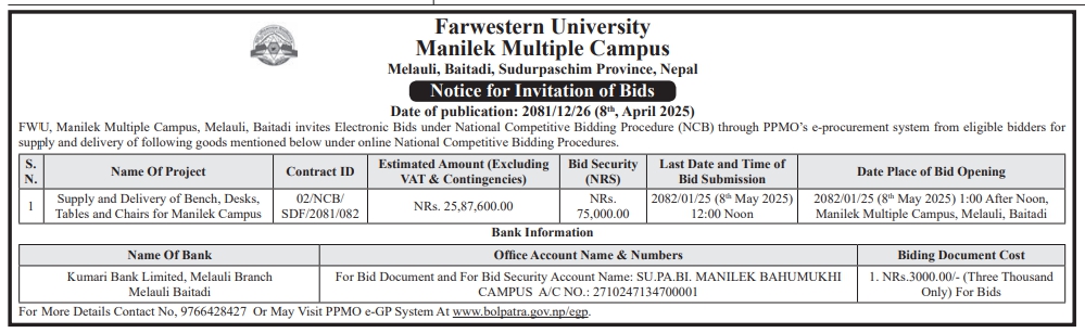 Notice for Invitation of Bids for Supply and Delivery of Bench, Desks, Tables and Chairs