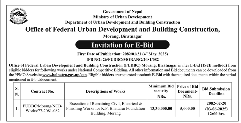 Invitation for E-Bid for Execution of Remaining Civil, Electrical and Finishing Works