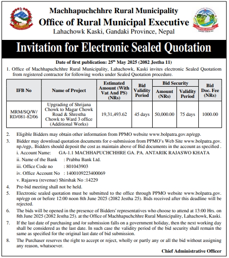Invitation For Electronic Sealed Quotation For Upgrading Of Roads
