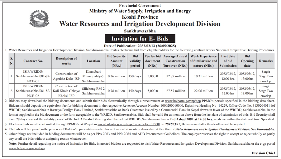Invitation For E-Bids For Construction Of Agrakhe Kulo, Kali Khola And Chhaye Kholsi ISP