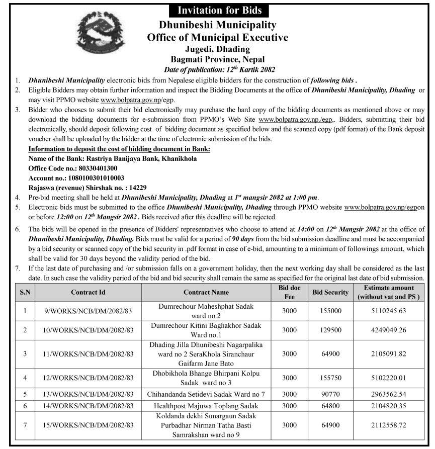 Invitation For Electronic Bids For Construction Works In Dhunibeshi Municipality, Dhading