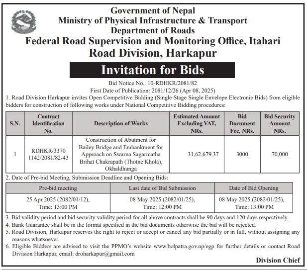 Invitation for Bids for Construction of Abutment for Bailey Bridge and Embankment