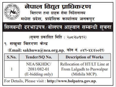 सिलबन्दी दरभाउपत्र / बोलपत्र आह्वान सम्बन्धी सूचना - Reallocation of HT/LT Line