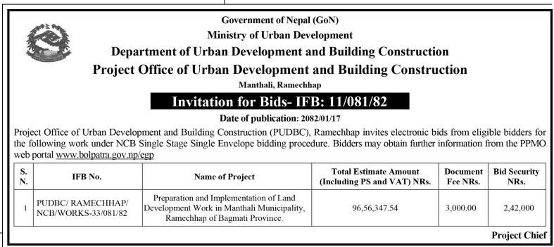 Invitation for Bids for Preparation and Implementation of Land Development Works