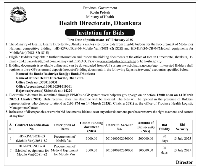 Invitation for Bids for Procurement of Mobile Van and Medical Equipment for Mobile Van