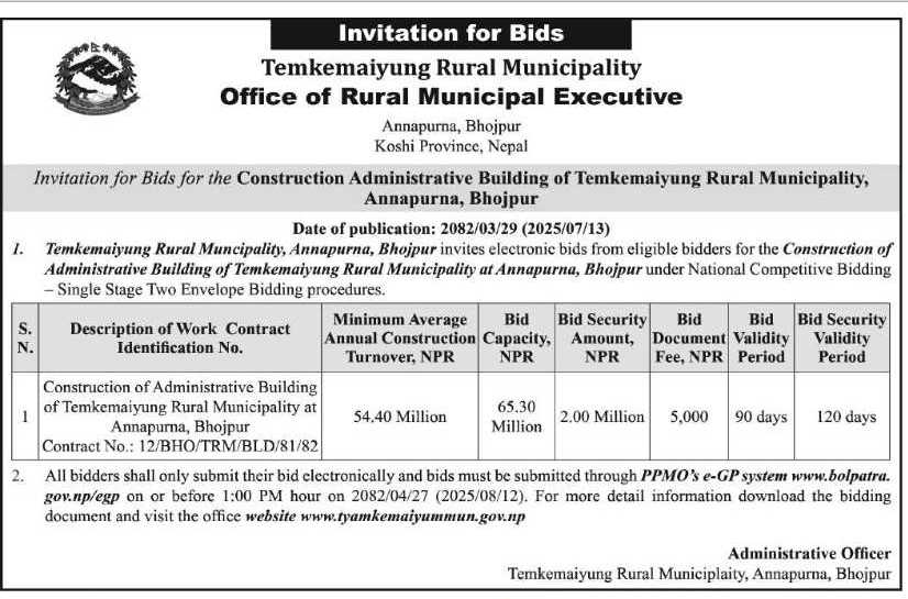 Invitation For Bids For Construction Of Administrative Building At Temkemaiyung Rural Municipality, Annapurna, Bhojpur
