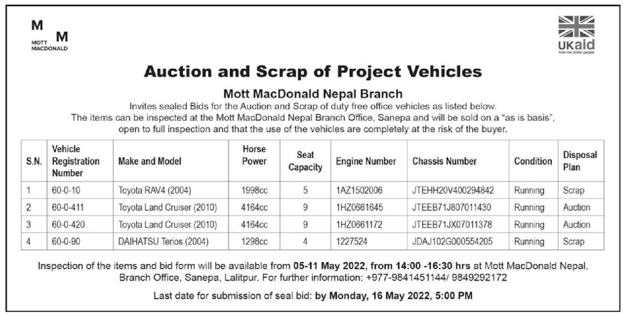 Auction and Scrap of duty free office vehicles