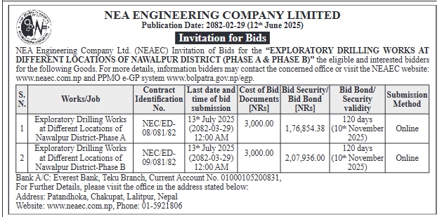 Invitation for Bids For Exploratory Drilling Works in Nawalpur District