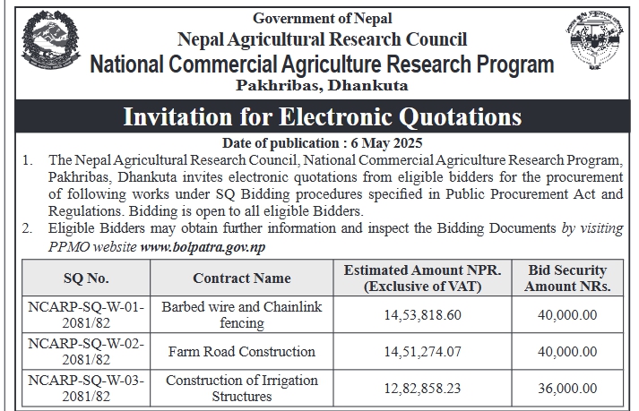 Invitation for Electronic Quotations for Construction of Farm Road, Irrigation Structures and Fencing Works