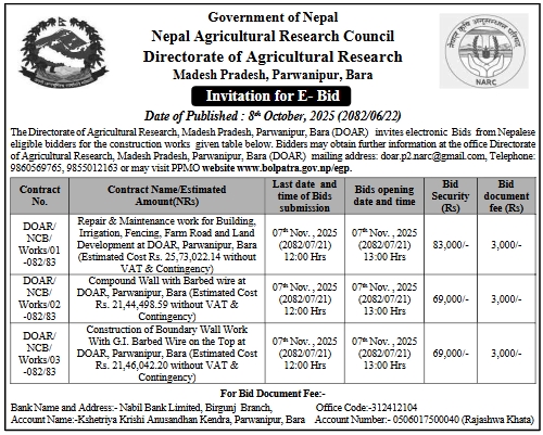 Invitation For E-bids For Various Construction Works At Directorate Of Agricultural Research, Madesh Pradesh, Parwanipur, Bara