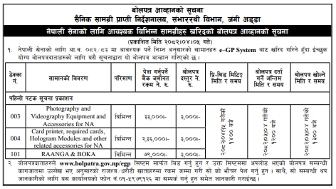 नेपाली सेनाको लागि आवश्यक सामग्री खरिदको लागि विद्युतीय बोलपत्र आव्हान