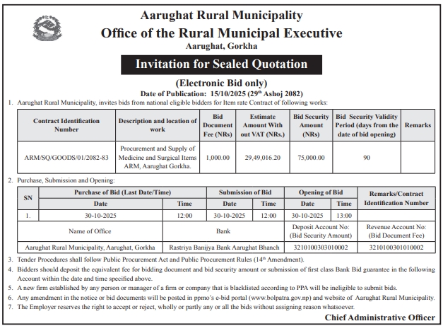 Invitation For Sealed Quotation For Procurement And Supply Of Medicine And Surgical Items At Aarughat Rural Municipality
