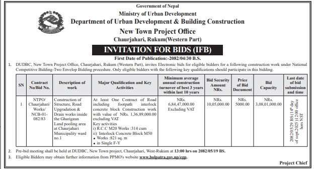Invitation For Bids For Construction Of Structure, Road Upgradation & Drain Works Inside Gharigaun Land Pooling Area