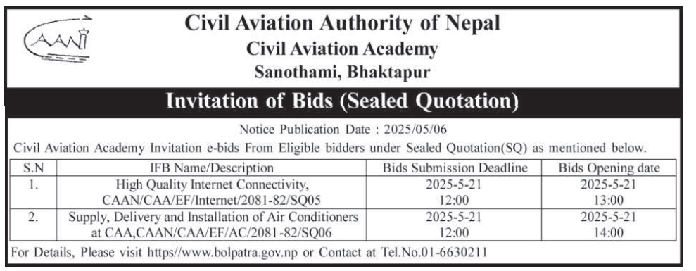 Invitation of Bids (Sealed Quotation) for High Quality Internet Connectivity, Supply, Delivery and Installation of Air Conditioners