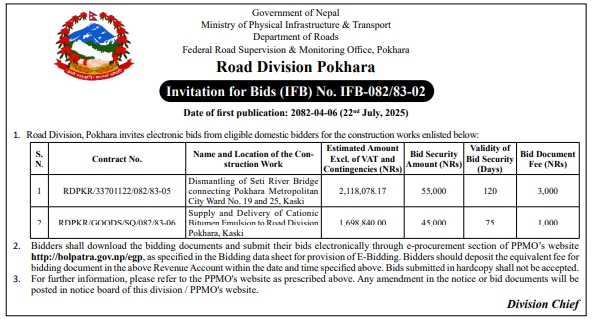 Invitation For Bids For Dismantling Of Seti River Bridge And Supply Of Cationic Bitumen Emulsion