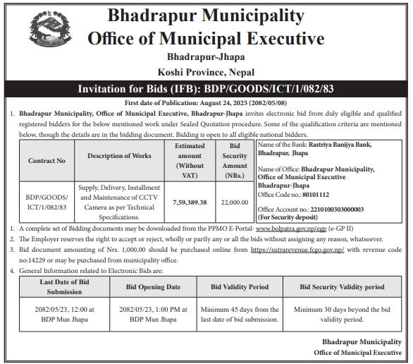 Invitation For Bids For Supply, Delivery, Installation, And Maintenance Of Cctv Camera