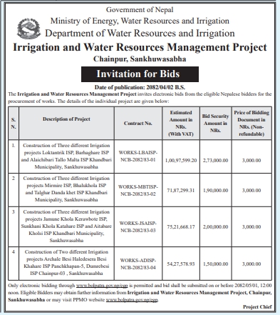 Invitation For Electronic Bids For Construction Of Multiple Irrigation Projects