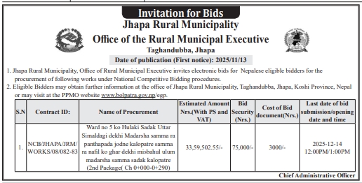 Invitation For Bid For Blacktopping Of Road From Ra Nafil House To Misbahul Ulum Madarsha