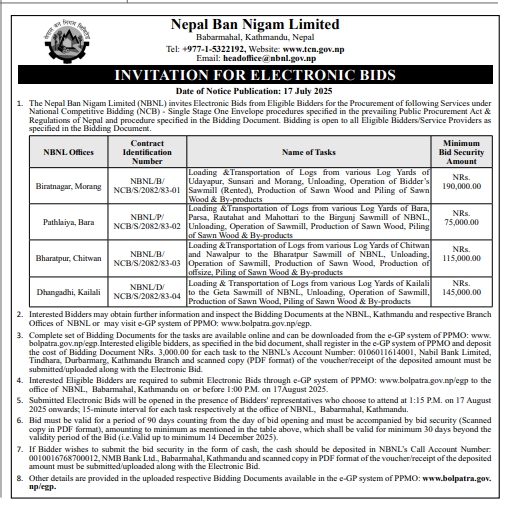 Invitation For Electronic Bids For Log Transportation, Sawmill Operations, And Wood Processing Services
