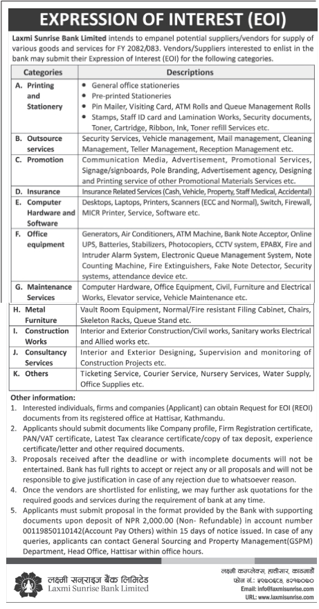 Expression Of Interest (EOI) For Empanelment Of Vendors For FY 2082/083