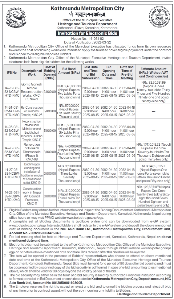 Invitation For Electronic Bids For Heritage Conservation And Infrastructure Works