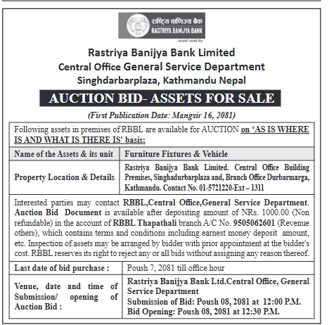 AUCTION BID- ASSETS FOR SALE