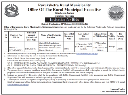 Invitation For Bids For Road Infrastructure Construction Work For Basti Development, Rurukshetra Rural Municipality, Gulmi