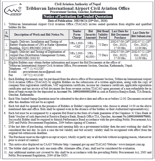 Invitation For Sealed Quotation For Supply, Delivery, Installation, And Testing Works At Tribhuvan International Airport