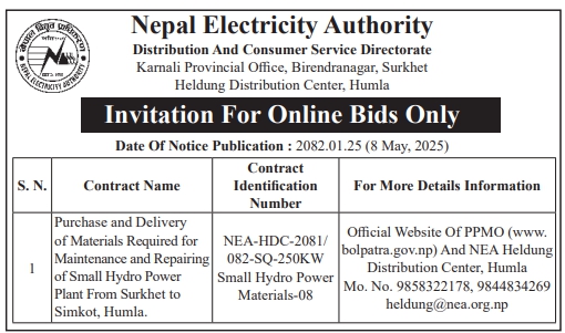 Invitation For Online Bids Only for Purchase and Delivery of Materials Required for Maintenance and Repairing of Small Hydro Power Plant From Surkhet to Simkot, Humla